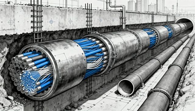 Segmented underground conduit revealing blue and white fiber optic bundles in urban trench
