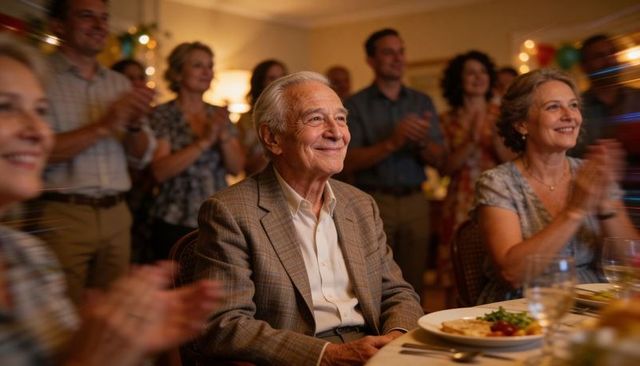 Smiling senior man sitting at festive dinner surrounded by clapping family and friends