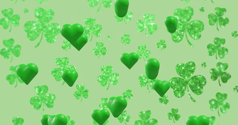 Floating emerald hearts and glitter shamrocks seamless pattern for st patrick celebration