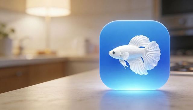Glowing blue app icon with white betta fish on marble countertop and ambient lighting