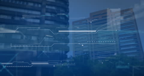 Digital Data Overlay with Cityscape Backdrop