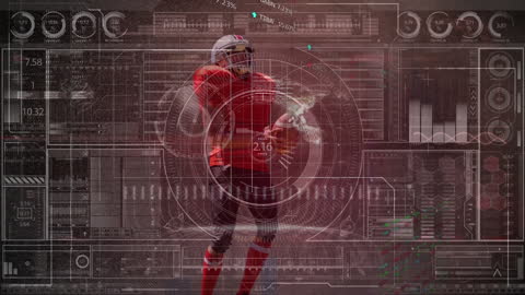 Rugby Player in Red Analyzing Modern Tech Infographics