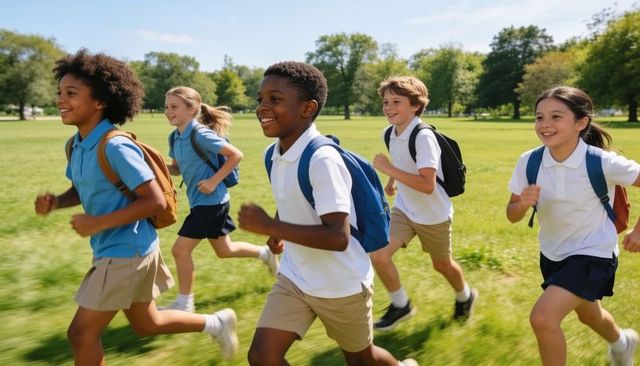 Diverse elementary students running with backpacks across sunny school field, smiles