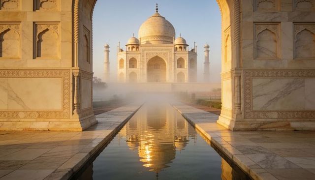 Taj mahal at sunrise framed by marble arch with reflecting pool and morning mist