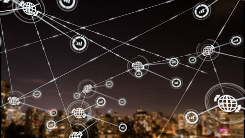 Digital Network Communication Over Cityscape at Night