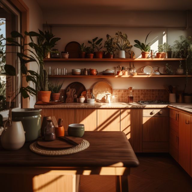 Rustic kitchen space featuring wooden cabinets, minimalist decor, and abundant plant life. Morning sunlight streams through the windows, creating a warm and inviting atmosphere. Useful for promoting home decor ideas, gardening tips, organic living, and kitchen appliance advertisements.