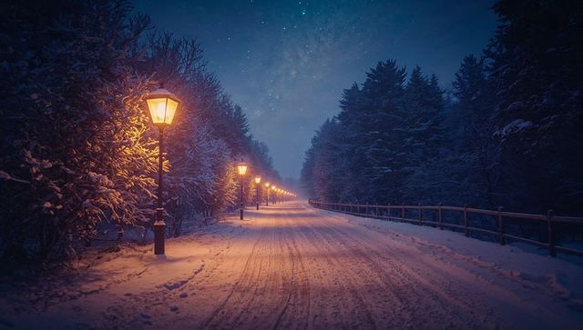 Starry night over snowy forest path with vintage lampposts