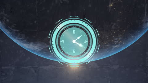 Futuristic Rotating Digital Clock Overlay on Global Map Concept