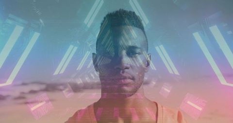 Contemplating man double exposure blending neon geometric overlays with pastel coastline
