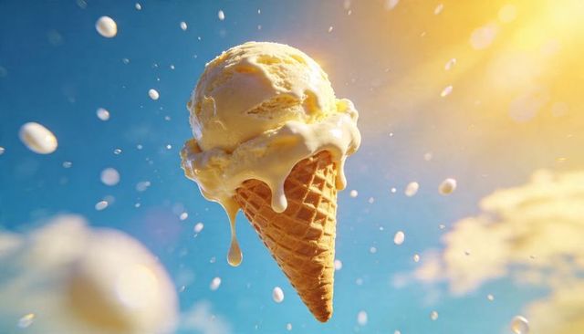 Melting vanilla ice cream scoop dripping over waffle cone under bright sunlit sky