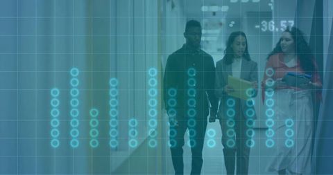 Colleagues Analyzing Data Walking Office Hallway with Digital Overlay