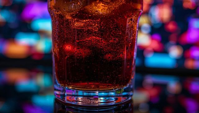 Glowing neon tumbler with bubbling cola and condensation on glossy bar surface