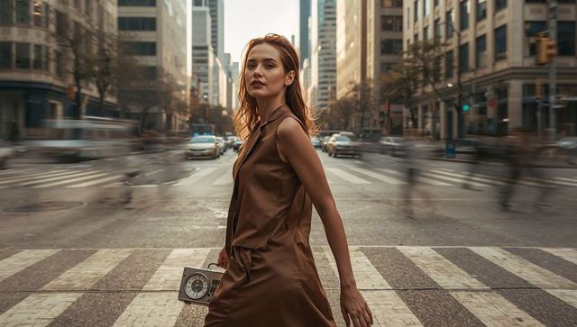 Trendy Woman Walking in Urban Settings Holding Vintage Radio