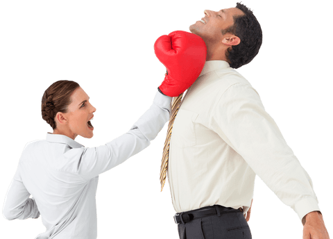 Businesswoman punching businessman with red boxing glove on transparent background