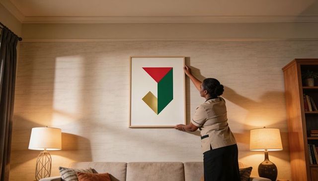 Hotel housekeeper hanging framed geometric print above sofa in cozy suite with warm lamps