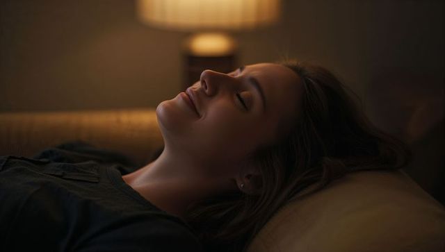 Young woman relaxing on sofa at night under warm lamp glow, serene close-up profile