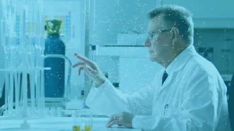 Innovative Scientist Analyzing Data with Virtual Network Overlay