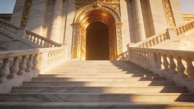 Sunlit marble staircase ascending toward ornate gilded archway of neoclassical palace