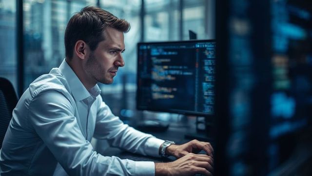 Focused software developer typing code in modern office