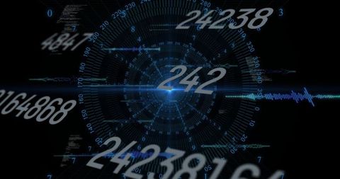 Pulsing blue hud core with rotating concentric rings and floating numeric data