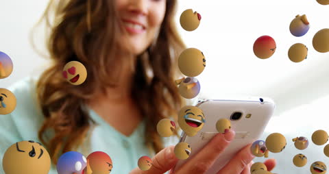 Woman Enjoying Smartphone with Floating Emojis