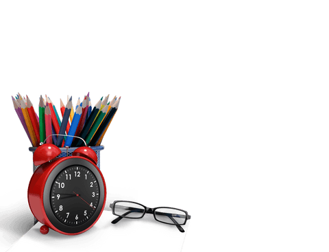 Transparent Alarm Clock, Colored Pencils and Glasses Composition - Download Free Stock Videos Pikwizard.com