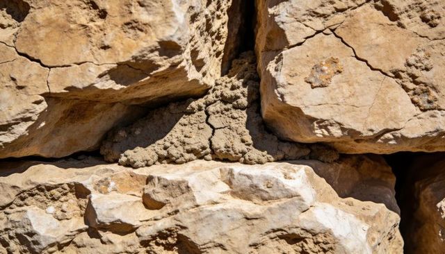 Sunlit limestone outcrop showing cracked faces and packed mud in crevice, arid rock texture