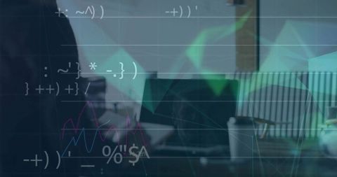 Leaning professional studying laptop with financial graphs and coffee in modern workspace
