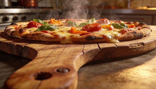 Neapolitan pizza bubbling with melted cheese on wooden peel with fresh basil and tomatoes