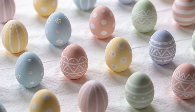 Pastel Easter Eggs Hand-Painted with Whimsical Patterns on Fabric Grid for Spring Decor