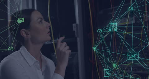 Woman Working in Server Room with Digital Network Overlay