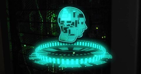 Hovering cyan hologram head with circuit pattern above glowing platform in server rack