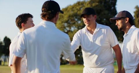 Multicultural cricket team shaking hands and celebrating camaraderie on sunlit grass pitch