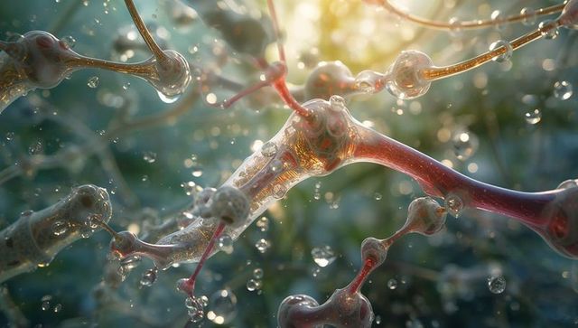 Glowing translucent neuron network branching in fluid with glossy droplets and warm backlight