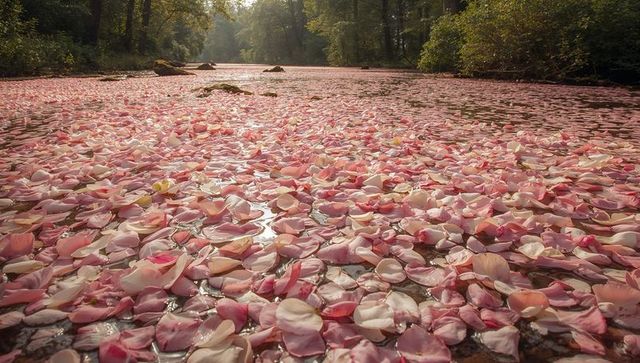 Floating pink petal carpet on forest stream reflecting sunlight