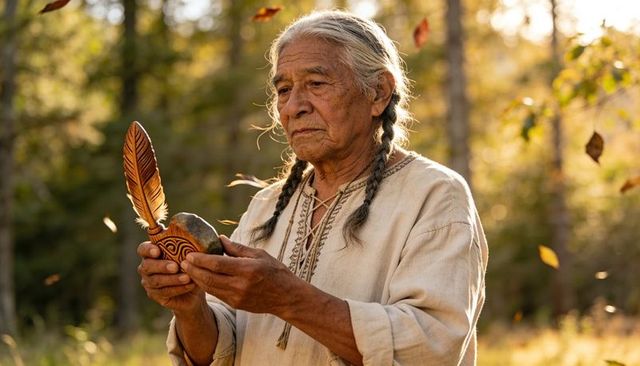 Native elder holding carved rattle and feather during forest ceremony in golden light