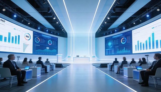 Presenting futuristic corporate conference stage with led dashboards and data analytics
