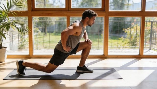 Man doing lunge exercise in sunlit home studio with wooden floor and potted plant