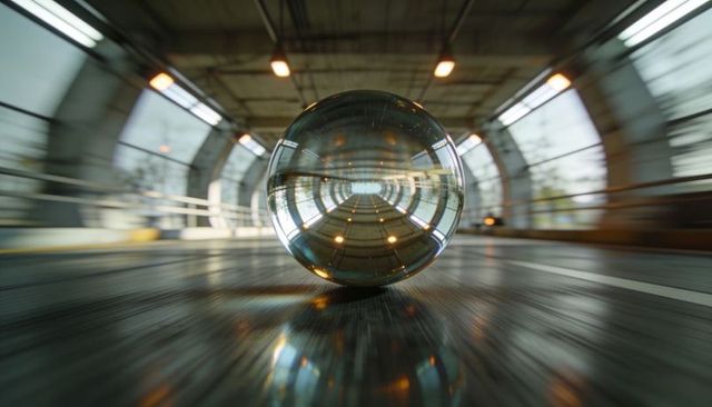 Crystal sphere refracting futuristic tunnel lights with motion blur on reflective floor