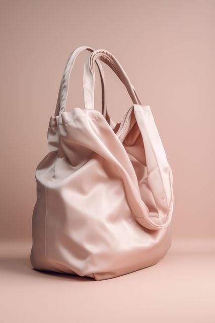 Pale pink tote bag on beige background, created using generative ai technology. Travel, shopping, fashion accessories and vacations, digitally generated image.