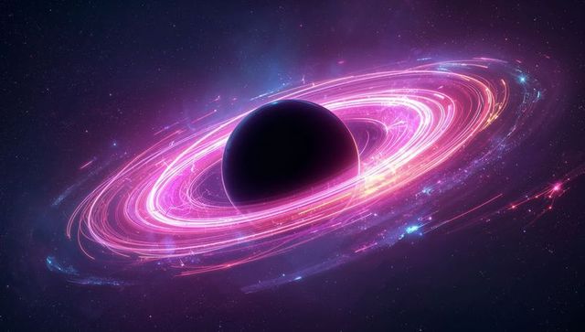 Colorful neon cosmic swirls around dark celestial sphere