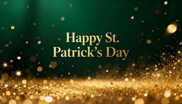 Elegant st. Patrick's day gold glitter banner emerald background serif typography