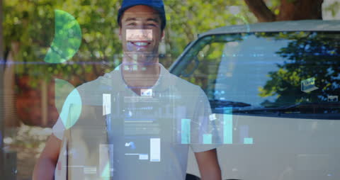 Courier Smiling While Digital Financial Data Overlays Experience