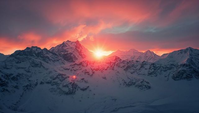 Majestic Sunrise Behind Snow-Capped Alpine Mountains