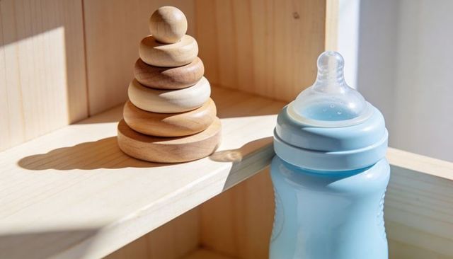 Sunlight pouring over wooden ring stacking toy and pastel blue baby bottle on nursery shelf