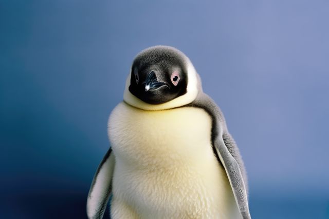Close up of emperor penguin on blue background, created using generative ai technology. Nature, animal and wildlife concept digitally generated image.