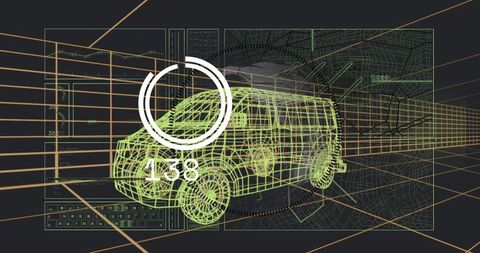 Neon wireframe van rotating in virtual cad hud for vehicle prototype visualization