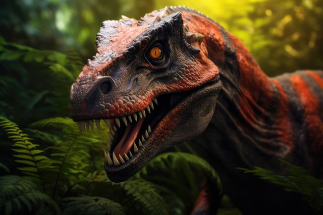 Close-up view of a ferocious dinosaur bearing its teeth amidst a lush, green jungle. Perfect for illustrations on prehistoric themes, children's books on dinosaurs, educational material, or movie posters featuring ancient creatures.