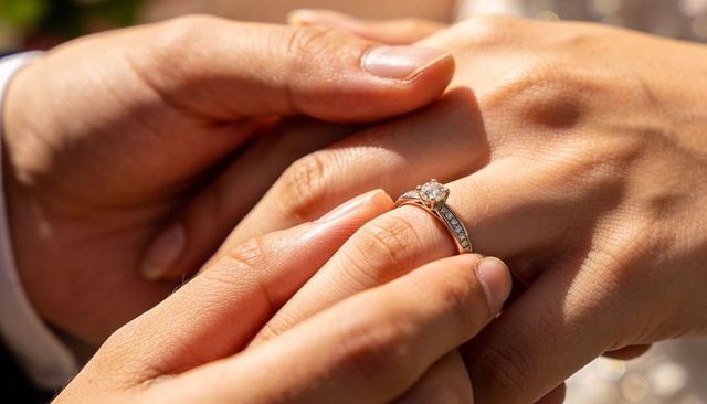 Gold engagement ring being placed on finger during intimate wedding ceremony close-up