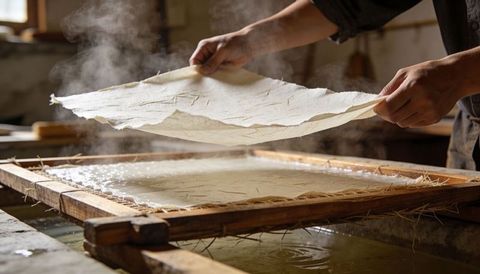 Artisan lifting handmade paper sheet from wooden deckle over steaming vat
